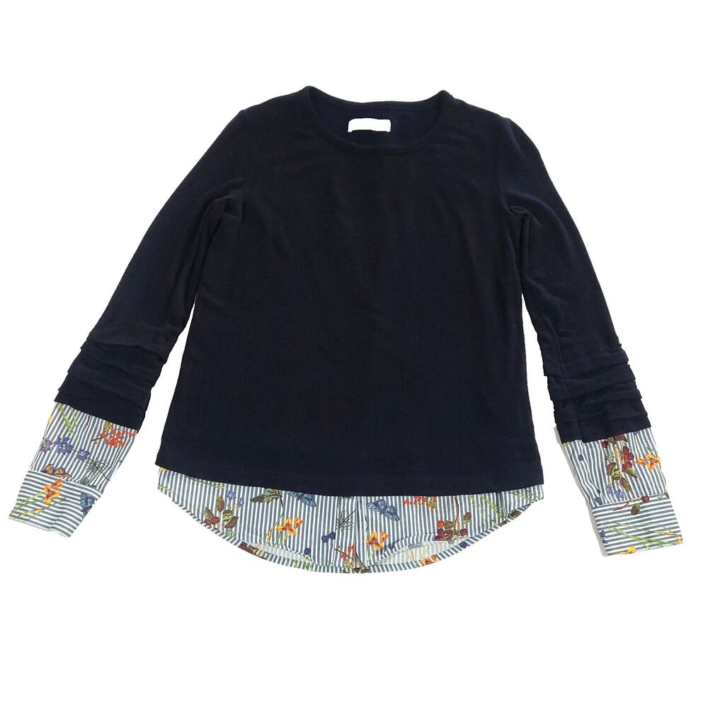 Wool Shirt Tails Sweater Bailey 44 XS Navy Floral Ruched Sleeves 2 Ply Preppy